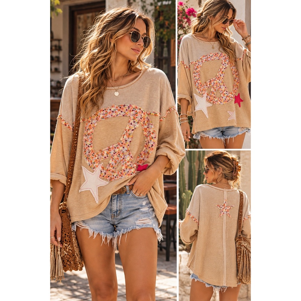 Easel Boho Peace Sign Star Oversized Sweatshirt Tan Floral Applique Small